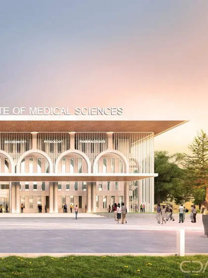 The main entrance of the MIMS teaching block features grand arches and a cantilevered canopy, creating a formal yet contemporary expression. Circulation is embedded into the design, with arched walkways directing movement and adding depth to the facade.