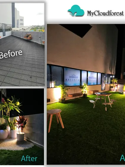 This before and after collage shows the dramatic transformation of a commercial terrace. I turned an empty, unused area into a vibrant green space with artificial turf and strategic planting, creating a beautiful and functional area for employees to relax.