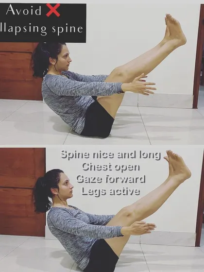 Proper spinal alignment is crucial in Boat Pose. The top image shows a common mistake of collapsing the spine. Instead, focus on keeping the spine long and the chest open, as shown in the bottom image, to fully engage your core.