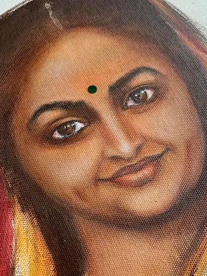 This detailed shot of the portrait highlights the textures and subtle shifts in color. Mastering these techniques is a key part of our professional painting curriculum.