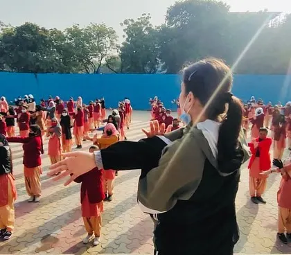 Students at SKV Noor Nagar practicing synchronized blocking movements. These drills are key for building muscle memory and ensuring the techniques become second nature.