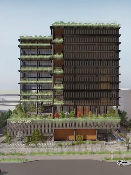 This rendering of the MSR Tower in Bangalore shows my vision for the future of urban workplaces. The design incorporates extensive green terraces and a kinetic facade, bringing nature and flexibility into a high-rise commercial building.