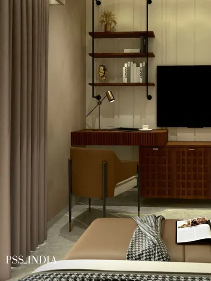 Another view of the study area, showing how it is seamlessly integrated into a larger room. The open shelving provides a great opportunity for styling with books and decor.