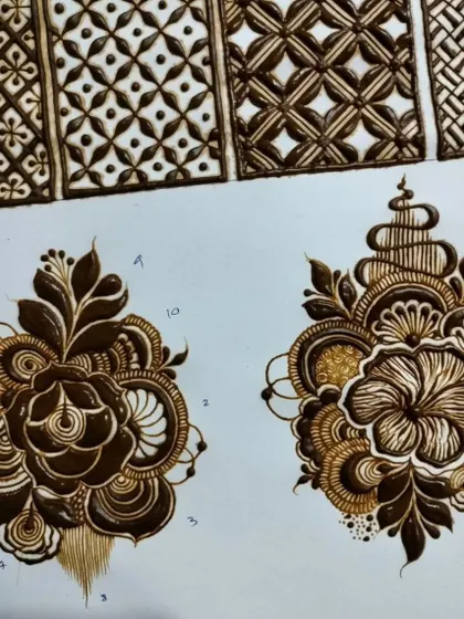 My classes are built on a strong foundation. Here you can see examples of the practice drills I provide, from complex filler grids to detailed floral motifs. We work on paper to build muscle memory before moving to skin.