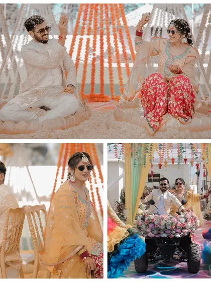 This collage captures the fun and unique elements of a Haldi carnival. From the couple's entry on a decorated ATV to sitting on swings made of flowers, it showcases a truly memorable event.
