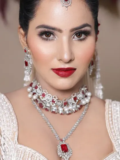 A direct portrait shot showing the symmetry and balance of the makeup.