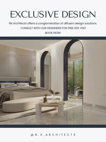 This exclusive bedroom design uses minimal settings to create peace of mind. The clean lines, arched mirrors, and a simple color palette of blue and white make the room feel calm and uncluttered.