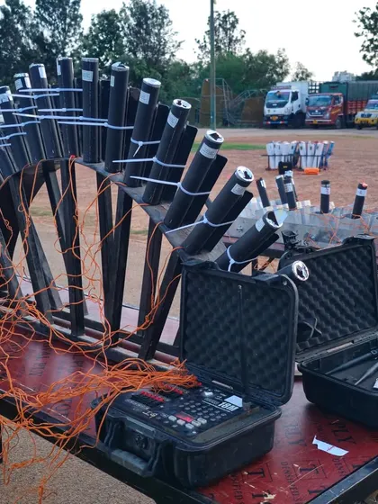 The control board and wiring for a complex firework show. This is the nerve center from where we create the magic in the sky.