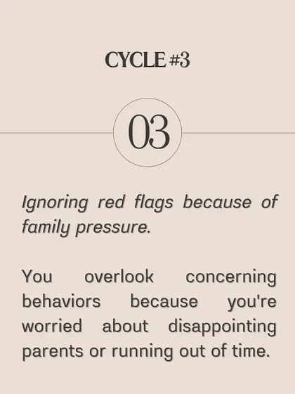 **These five dating cycles are keeping you single.** Are you saying yes to everyone out of desperation? Choosing based on superficial qualities? Ignoring red flags due to family pressure? Getting attached too quickly? Or giving up after every disappointment? Recognizing your cycle is the first step to breaking it.