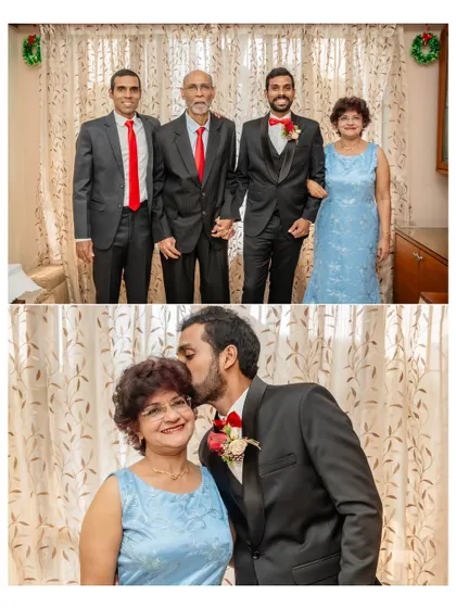 A collage of the groom with his family. It captures a formal family portrait and a sweet, candid moment of him kissing his mother's cheek.