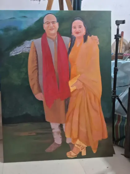 A full-length couple portrait, sized 48"x36", set against a natural landscape. This piece was commissioned to commemorate a special occasion and is painted in acrylic on canvas.
