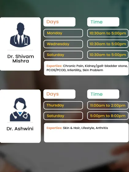 This is the April schedule for our Grant Road branch. Meet Dr. Shivam Mishra and Dr. Ashwini, who specialize in chronic pain, PCOS, skin and hair issues, and arthritis.