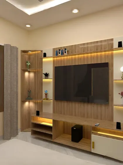 A cozy corner TV unit that maximizes space. The warm wood finish and integrated display nooks with soft lighting make this a perfect addition to any bedroom or small living area.