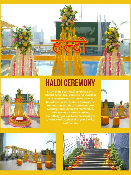 The Haldi ceremony is all about vibrant joy. We designed this stunning rooftop poolside Haldi setup with bright yellow floral arrangements and traditional elements, creating a picture-perfect backdrop for this fun-filled pre-wedding ritual.