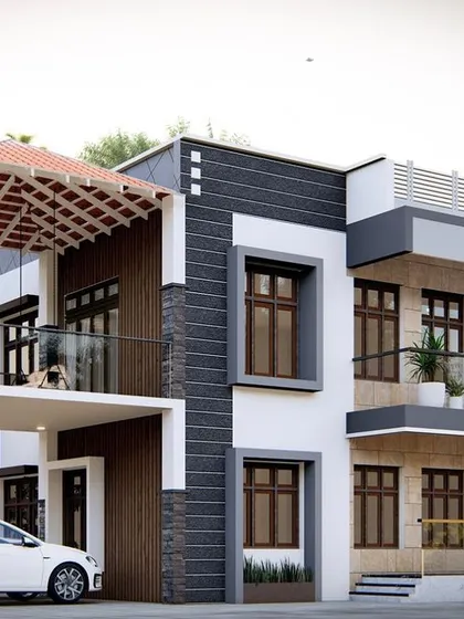 This residential design combines traditional elements like a tiled sloping roof over the porch with modern architectural features. The mix of stone cladding, wood textures, and a dark grey color scheme creates a unique transitional style.