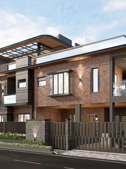 A corner perspective of the Prestige Great Acres villa, highlighting the curved roof element and the integration of a glass-covered terrace. The design combines sharp lines with gentle curves for a dynamic effect.