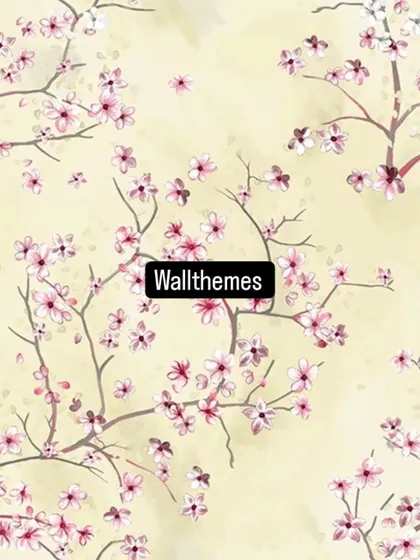 A delicate pink cherry blossom wallpaper pattern on a pale yellow background.