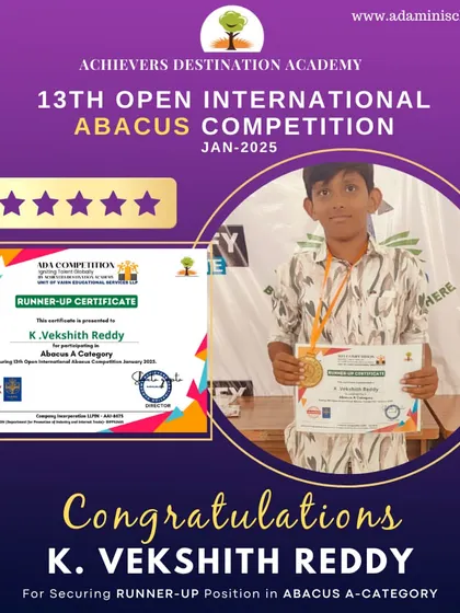 K. Vekshith Reddy from our Kurnool center proudly holds his runner-up certificate and medal. Keep up the great work!