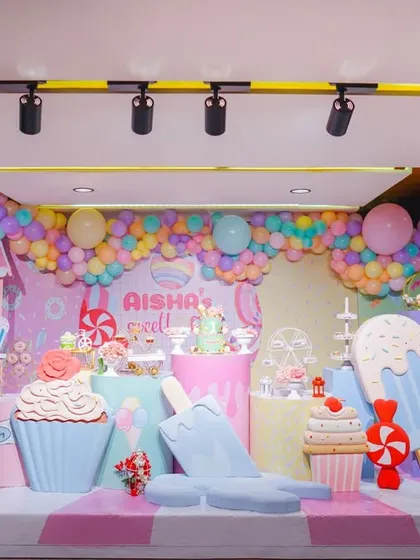 Another view of the full Candyland stage, showcasing the incredible detail and scale of the custom-made props. I love creating these immersive, imaginative worlds.