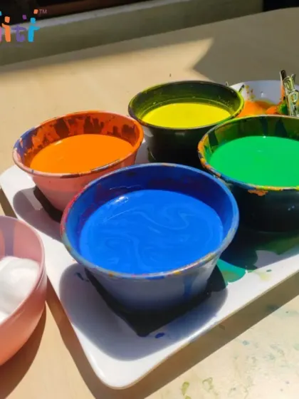 Bowls of vibrant, non-toxic paint are ready for our little artists. Our Holi celebration is a sensory explosion of color, creativity, and fun.