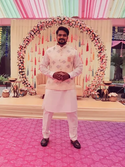 Dressed in pastel for a Haldi ceremony in Silvassa. It's important to match the theme and vibe of the event, right down to the outfit.