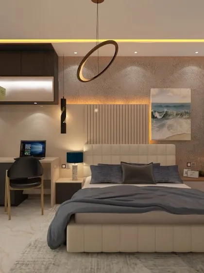This bedroom is designed for productivity and rest, featuring a dual-desk study area integrated into the room's layout. The neutral color palette and clean lines create a calm and focused environment.
