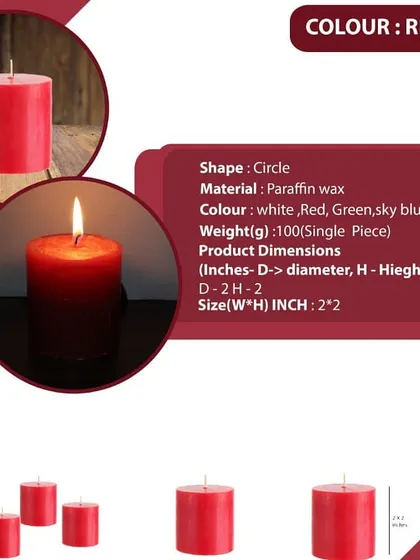 This graphic details my 2x2 inch red pillar candle, made from paraffin wax. It shows the candle both unlit and lit, giving you a clear idea of its color and performance.