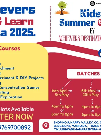 This poster for our Manpada, Thane West summer camp details the three different batches available, offering flexibility for parents. It lists all the fun courses, from Abacus to art exploration.