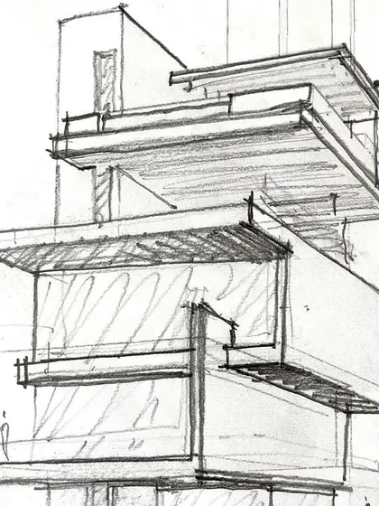 A detailed perspective sketch of a residential building with cantilevered balconies.
