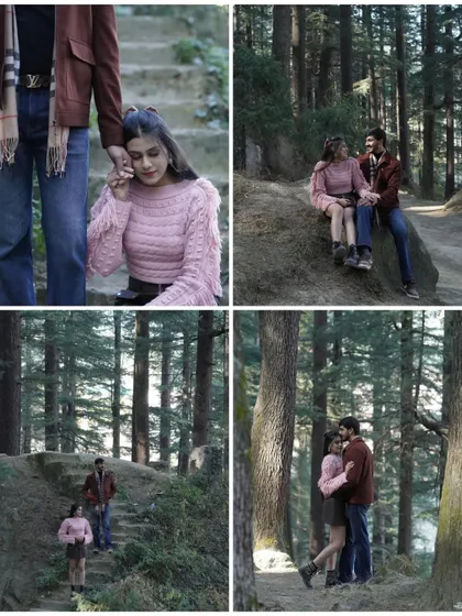 A collage of four scenes from a forest shoot in Manali, showing the couple walking through the woods, sitting on a rock, and sharing intimate moments among the tall trees.