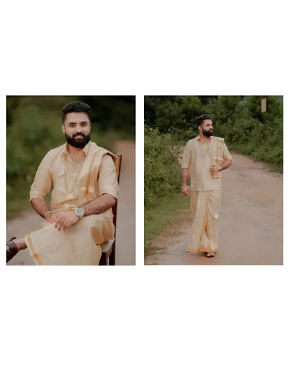A collage of the groom in his traditional cream-colored outfit, posing in a natural, rustic setting.