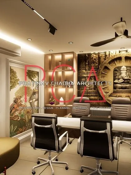 A render of the Hari Mandir conference room, highlighting the large, traditional paintings framed by classic wall mouldings.