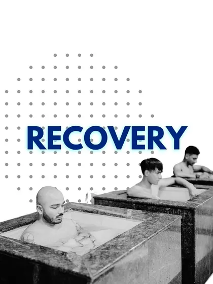 A graphic dedicated to our Recovery services, featuring athletes in our ice baths. This emphasizes recovery as a core pillar of our offerings.