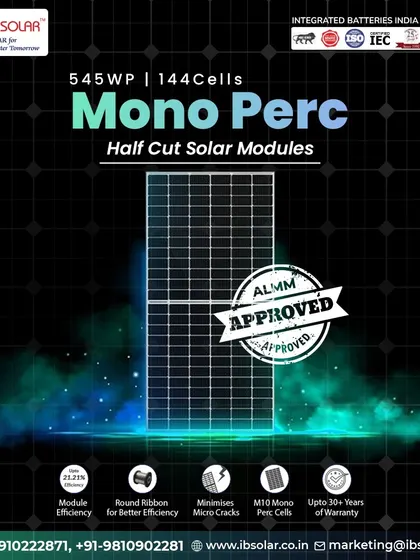 This graphic highlights the key features of our 545WP Mono PERC half-cut solar modules. With up to 21.21% module efficiency and a 30-year warranty, these ALMM-approved panels are built for performance and peace of mind.