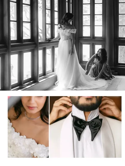 A collage of getting-ready moments. It shows a bridesmaid helping with the dress, a close-up of the bride's necklace, and the groom adjusting his unique bow tie, telling the story of their preparation.