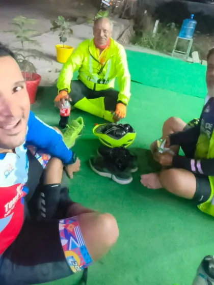 A selfie of three randonneurs, including two senior riders, taking a much-needed rest stop during their 36-hour-long 600km ride.