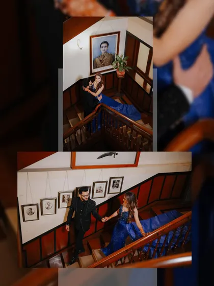 A collage of the couple on the grand staircase of Woodville Palace. These portraits have a classic, royal feel, perfect for a heritage venue.