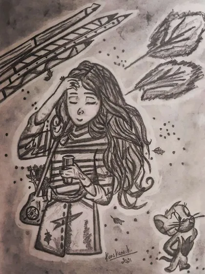 A whimsical pencil sketch capturing a mood, showing a girl on a windy day.
