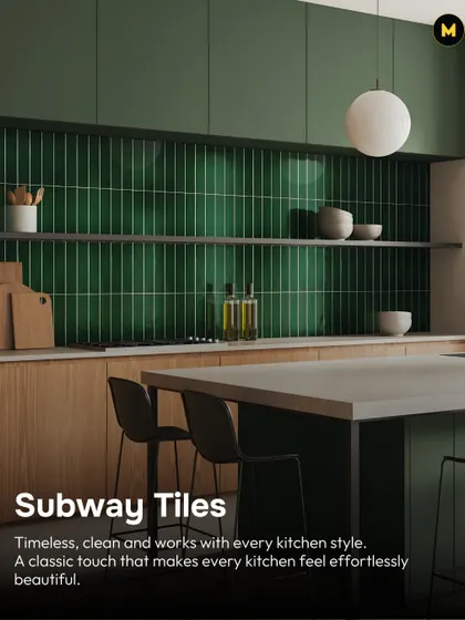 Subway tiles are a timeless classic that works with every kitchen style. In this kitchen, dark green subway tiles are laid vertically to add height and a touch of modern elegance, pairing beautifully with the wooden cabinets.