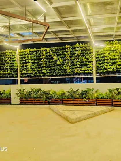 Our vertical gardens can transform large commercial spaces. This installation on a rooftop terrace creates a massive green backdrop, beautifully illuminated at night for a breathtaking effect.