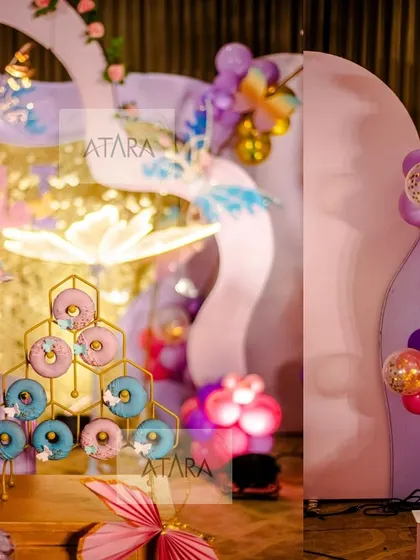 A collage of details from a butterfly-themed party, including a donut wall and marquee lights. The purple and pink color scheme is consistent across all elements, creating a cohesive and dreamy look.