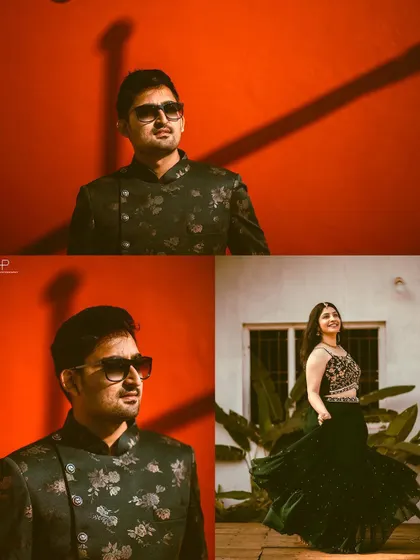 A vibrant and stylish collage of a couple against a bright orange wall and in a garden. The hard light and shadows create a modern, high-fashion look.