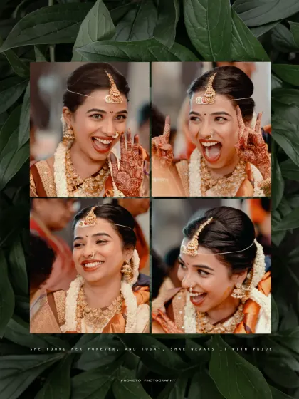 A fun and expressive collage of the bride, showing off her playful personality on her wedding day.