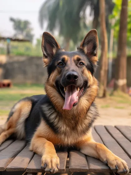A majestic German Shepherd relaxing on our wooden deck. We have experience caring for large and powerful breeds with confidence.