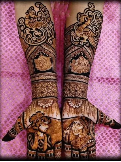 This is a very expressive portrait design, capturing the playful emotions of the bride and groom. The surrounding artwork includes dancing figures and bold peacock motifs.