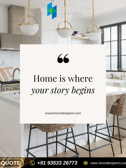 We believe home is where your story begins. This image of a bright, modern kitchen with a breakfast counter reflects our philosophy of creating spaces where memories are made.