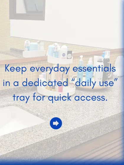 This series of tips shows how to transform your dressing table. Start by decluttering, then use turntables for perfumes, clear trays for daily essentials, and labeled bins for lesser-used items.