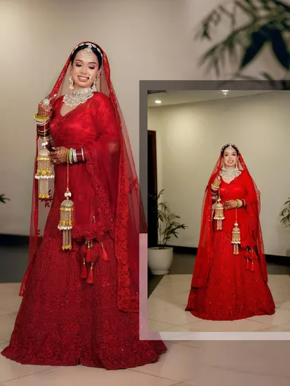 A diptych of the bride in her stunning red lehenga, showcasing her full outfit and her joyful smile.