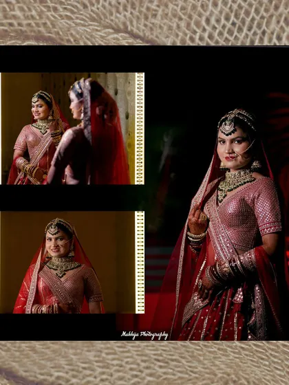This filmstrip-style collage gives a cinematic feel to these bridal portraits. It's a creative way to present a series of shots that highlight the bride's elegance and beauty.