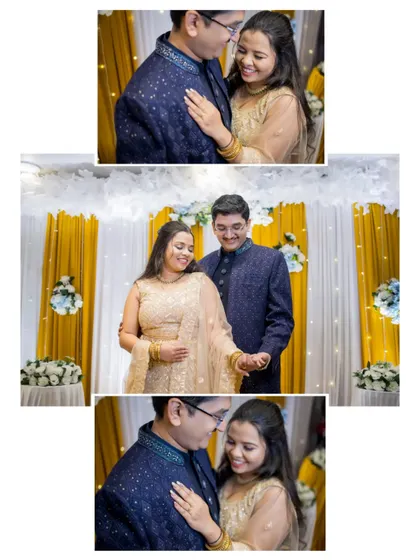 A collage of romantic couple portraits from the Sangeet night, capturing their love from different angles.